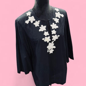 Jones New York 100% Cotton Black White Floral Embroidered Tunic XL